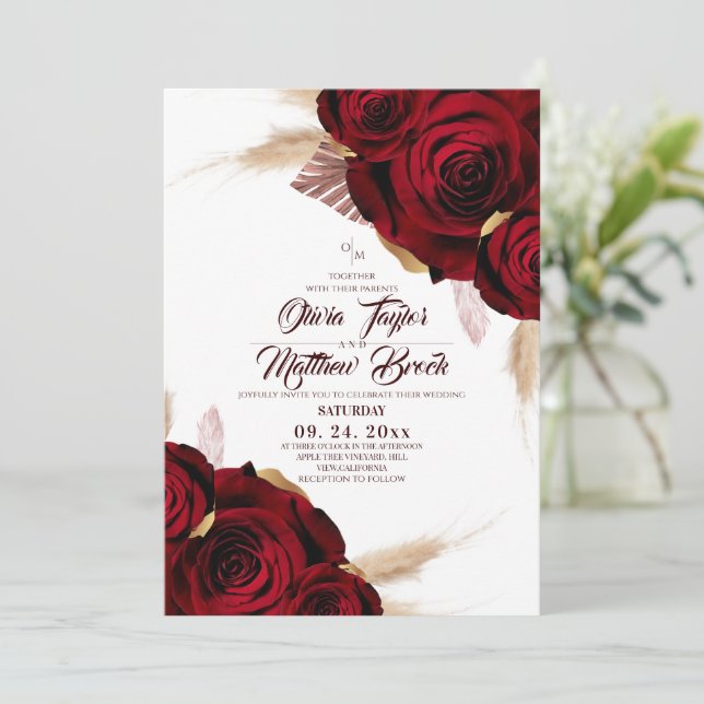  Boho Burgundy Roses Pampas Grass Wedding Invitation (Standing Front)