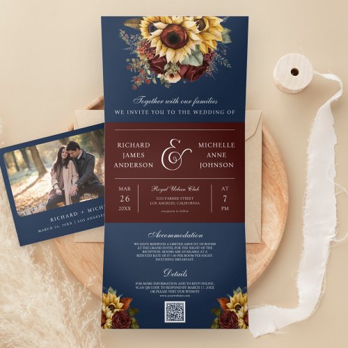 Boho Burgundy Roses Sunflower Navy QR Code Wedding Tri_Fold Invitation