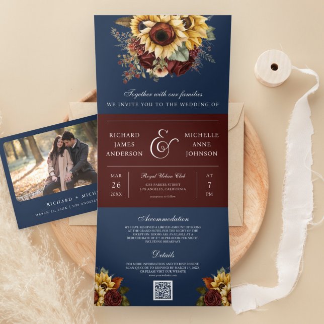 Boho Burgundy Roses Sunflower Navy QR Code Wedding Tri-Fold Invitation (Creator Uploaded)