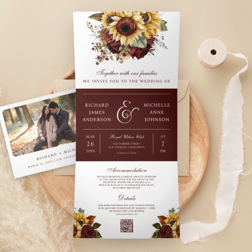 Boho Burgundy Roses Sunflowers QR Code Wedding Tri_Fold Invitation