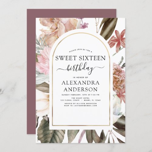 Boho Burgundy Sweet 16 Birthday Floral Invitation