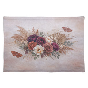 Boho Burgundy Terracotta Floral Arrangement Moths Cloth Placemat