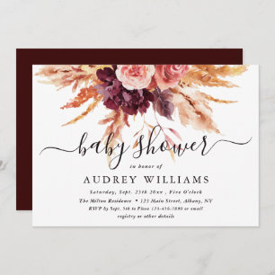 Boho Burgundy Terracotta Floral Baby Shower Invitation