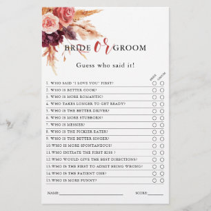 Boho Burgundy Terracotta Floral Bridal Shower Game