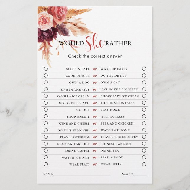 Boho Burgundy Terracotta Floral Bridal Shower Game (Front)