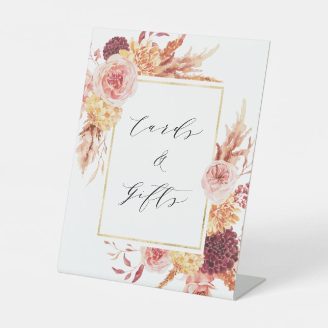 Boho Burgundy Terracotta Floral Cards and Gifts Pedestal Sign (Front)