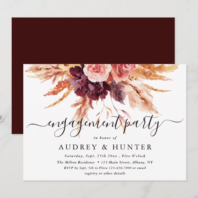 Boho Burgundy Terracotta Floral Engagement Party  Invitation (Front/Back)