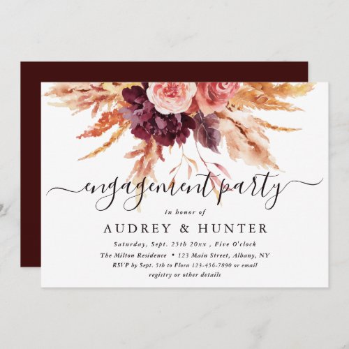 Boho Burgundy Terracotta Floral Engagement Party  Invitation