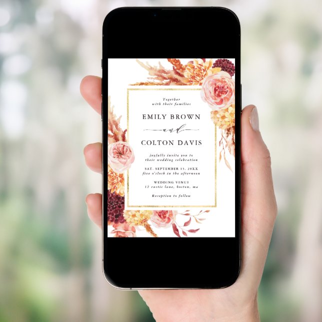 Boho Burgundy Terracotta Floral Gold Frame Wedding Invitation (Front Digital)