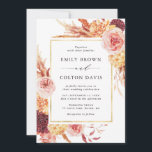 Boho Burgundy Terracotta Floral Gold Frame Wedding Invitation<br><div class="desc">This wedding invitation features rustic watercolor flowers in terracotta,  burgundy,  burnt orange,  yellow,  blush with beige and brown pampas grass,  and a gold rectangle frame. For more advanced customization of this design,  please click the BLUE DESIGN TOOL BUTTON. Matching items are also available.</div>