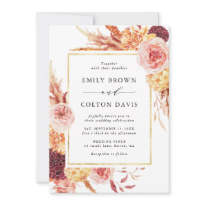 Boho Burgundy Terracotta Floral Gold Frame Wedding Invitation