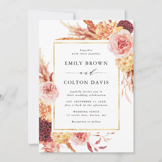 Boho Burgundy Terracotta Floral Gold Frame Wedding Invitation | Zazzle