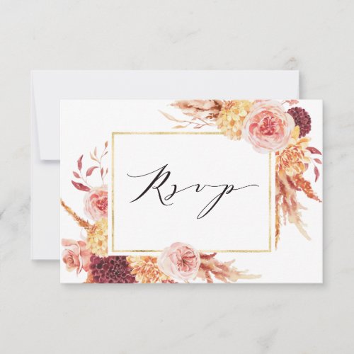 Boho Burgundy Terracotta Floral Gold Frame Wedding RSVP Card