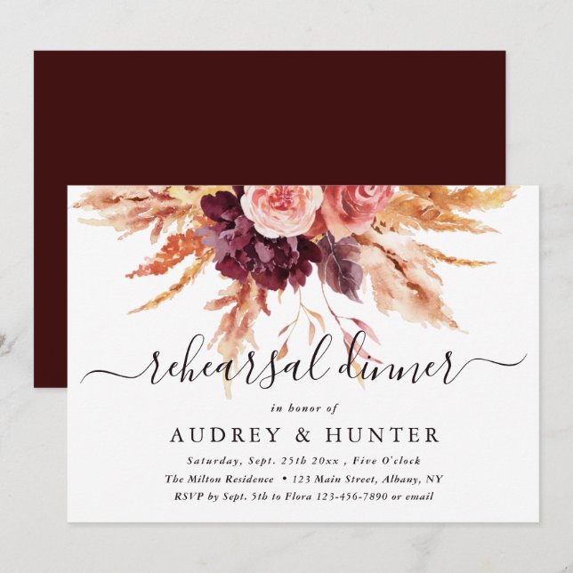 Boho Burgundy Terracotta Floral Rehearsal Dinner Invitation (Front/Back)