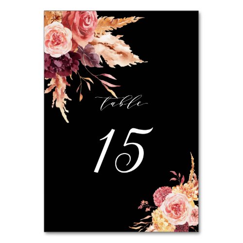 Boho Burgundy Terracotta Floral Wedding Black Table Number