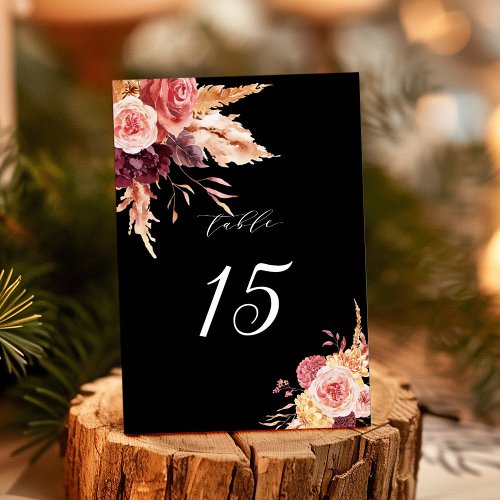 Boho Burgundy Terracotta Floral Wedding Black Table Number