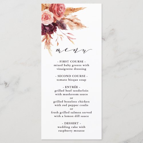 Boho Burgundy Terracotta Floral Wedding  Menu