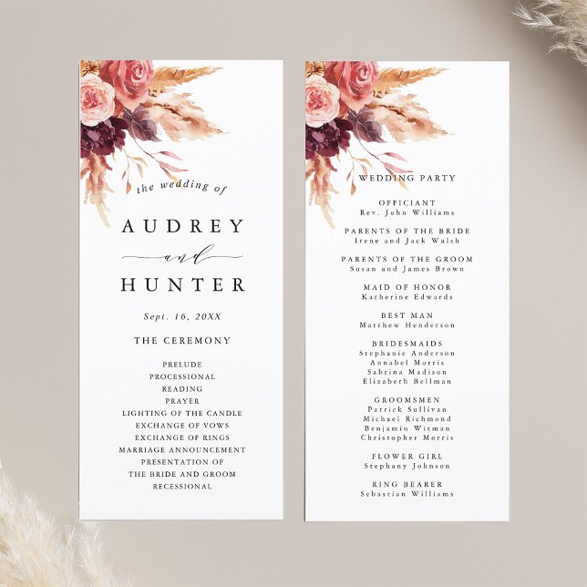 Boho Burgundy Terracotta Floral Wedding Program (Front & Back)