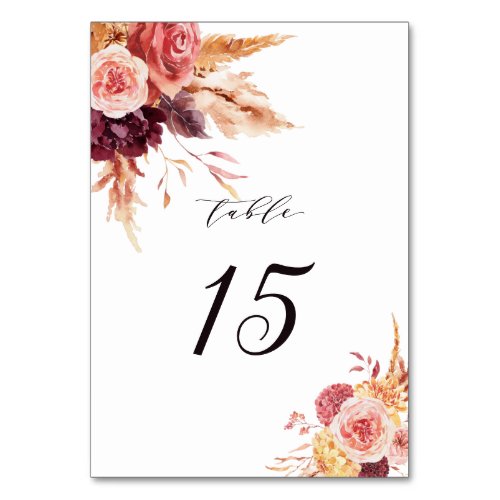 Boho Burgundy Terracotta Floral Wedding Table Number