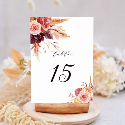 Boho Burgundy Terracotta Floral Wedding Table Number