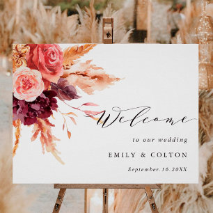 Boho Burgundy Terracotta Floral Wedding Welcome Foam Board