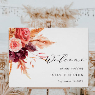 Boho Burgundy Terracotta Floral Wedding Welcome Poster