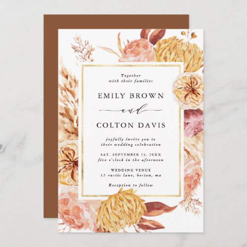 Boho Burgundy Terracotta Flower Gold Frame Wedding Invitation