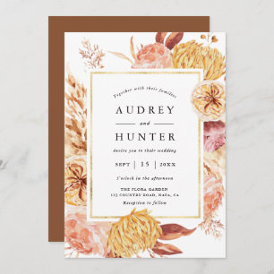 Boho Burgundy Terracotta Flower Gold Frame Wedding Invitation