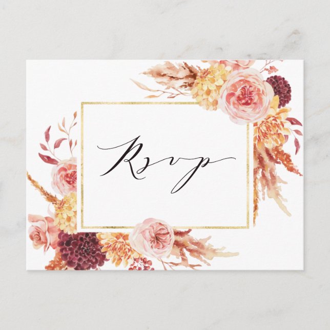 Boho Burgundy Terracotta Flowers Wedding RSVP Postcard (Front)