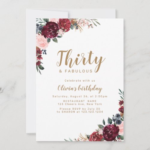 Boho burgundy watercolor floral 30th birthday invitation