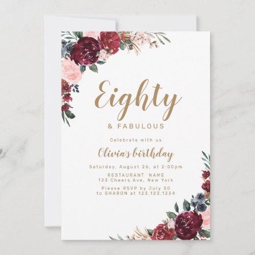 Boho burgundy watercolor floral 80th birthday invitation