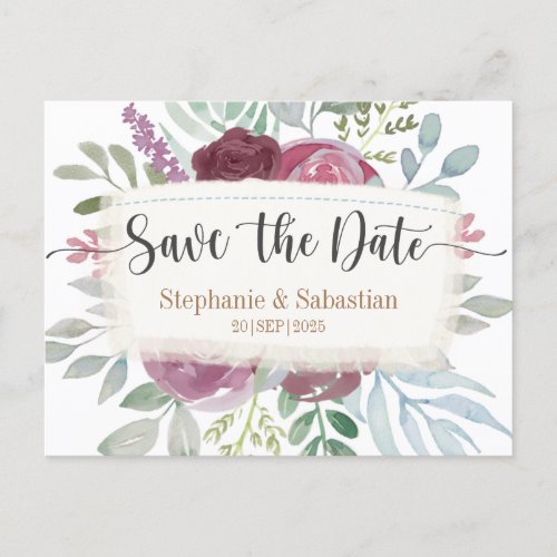 Boho Burgundy Watercolor Floral Save The Date Announcement Postcard