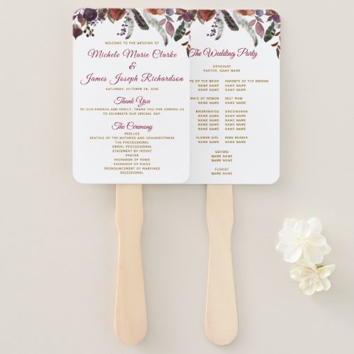 Boho Burgundy Watercolor Floral Wedding Program Hand Fan