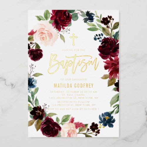 Boho Burgundy Watercolor Floral Wreath Baptism Foil Invitation