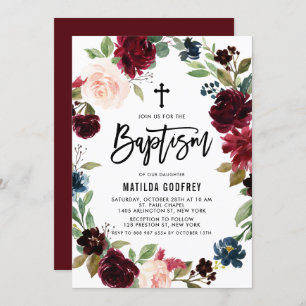 Boho Burgundy Watercolor Floral Wreath Baptism Invitation