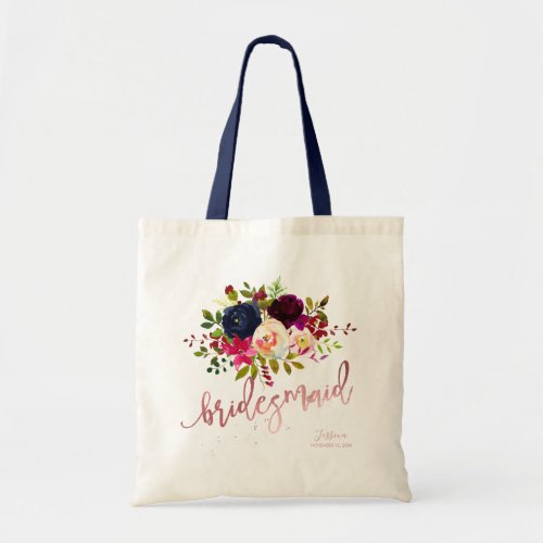 Boho Burgundy Watercolor Flowers Bridesmaid Gift Tote Bag