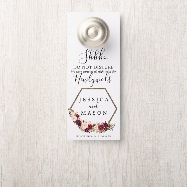 Boho Burgundy Wedding Door Hanger Do Not Disturb (On Knob)