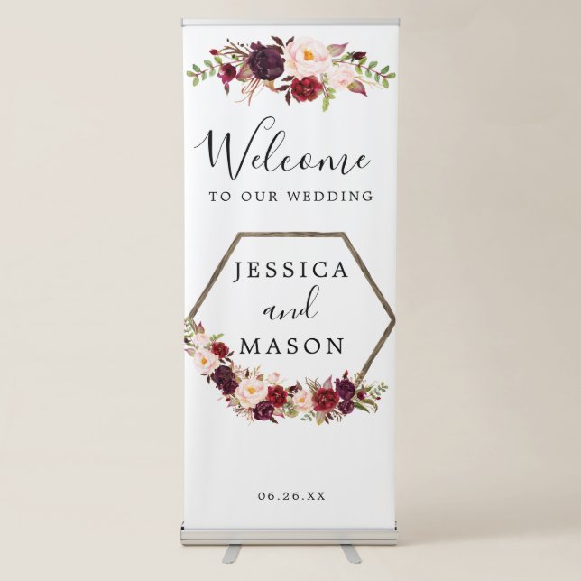 Boho Burgundy Wedding Welcome Banner Stand (Front)
