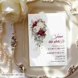 Boho burgundy white gold floral save the date card<br><div class="desc">✅ For matching items search 208W in my collections ✅ Celebrate your love with this boho watercolor wedding invitation, featuring burgundy and white roses accented with gold leaves. Designed in a luxurious palette of burgundy, marsala, maroon, deep red, blush, and gold, this invitation combines romantic elegance with boho charm, perfect...</div>