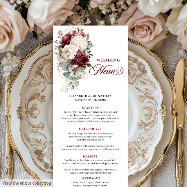 Boho burgundy white gold floral wedding menu card (Boho burgundy white gold floral wedding menu card

)