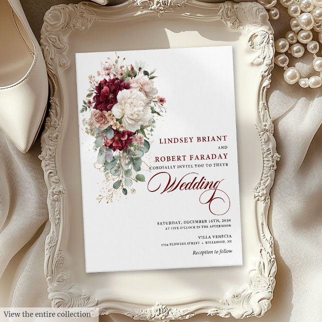 Boho Burgundy White Gold Leaf Wedding Invitation (Boho Burgundy White Gold Leaf Wedding Invitation)