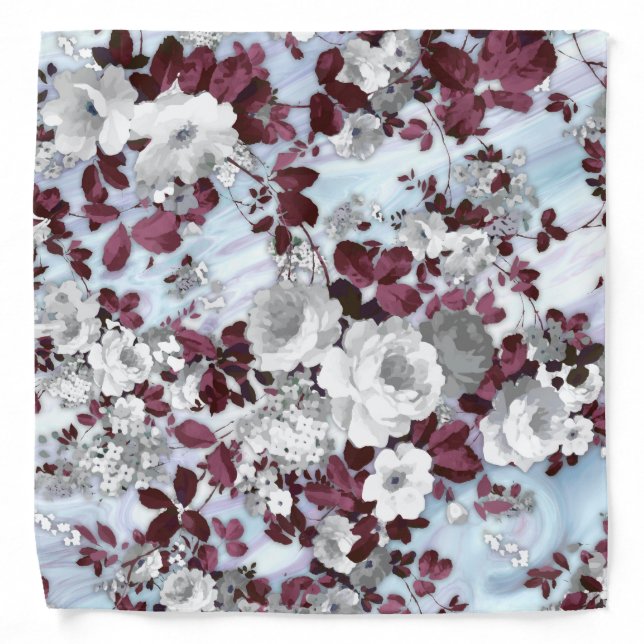 Boho burgundy white pastel marble floral pattern bandana (Front)