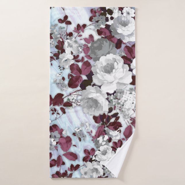 Boho burgundy white pastel marble floral pattern bath towel (Bath Towel)