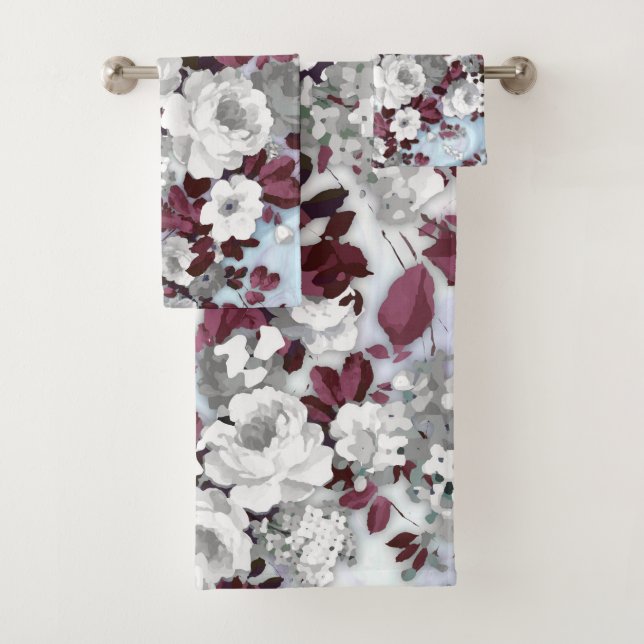 Boho burgundy white pastel marble floral pattern bath towel set (Insitu)