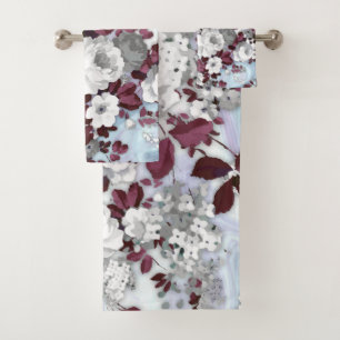 Boho burgundy white pastel marble floral pattern bath towel set