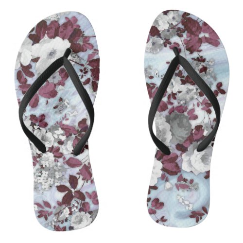 Boho burgundy white pastel marble floral pattern flip flops