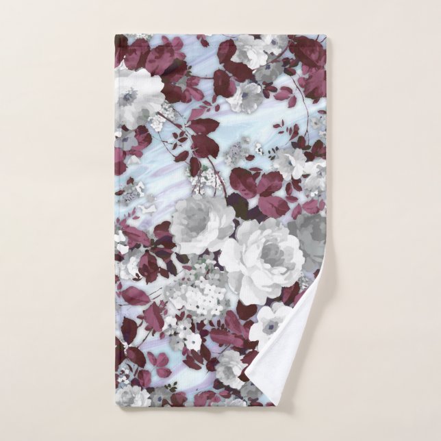 Boho burgundy white pastel marble floral pattern hand towel  (Hand Towel)