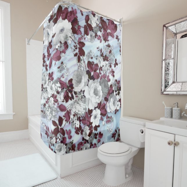 Boho burgundy white pastel marble floral pattern shower curtain (In Situ)