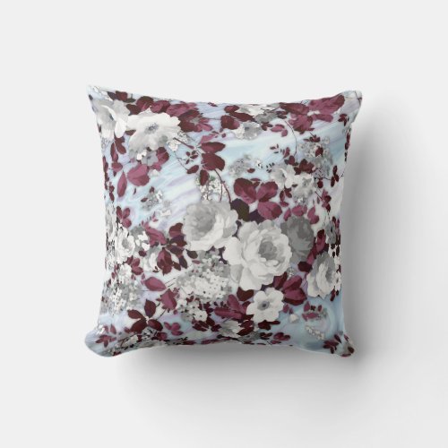 Boho burgundy white pastel marble floral pattern throw pillow