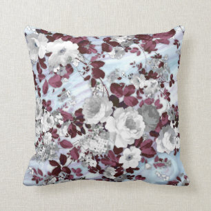Boho burgundy white pastel marble floral pattern throw pillow